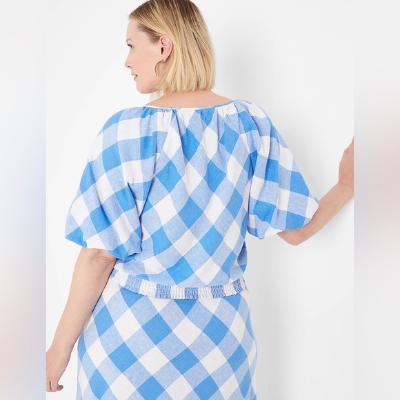 LANE BRYANT Crop Balloon-Sleeve Top & midi skirt set LINEN Lattice Check SIZE 22 - Picture 2 of 15